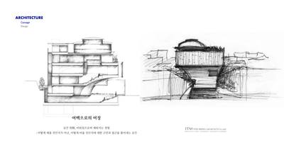 FEZH 건축 콘셉트 「여백으로의 여정」 — 건물 단면도와 스케치